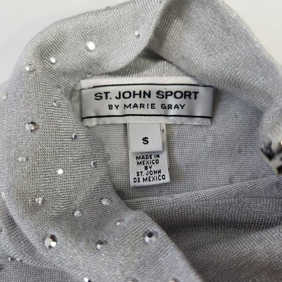 St. John Sport Turtleneck‎ Metallic Sweater Top Womens S Silver Studded Sparkle - Picture 2 of 10